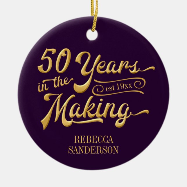 50th Birthday Purple and Gold Photo Keepsake Ceramic Tree Decoration (Front)