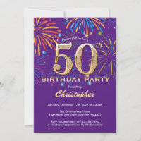 50th Birthday Purple and Gold Rainbow Fireworks