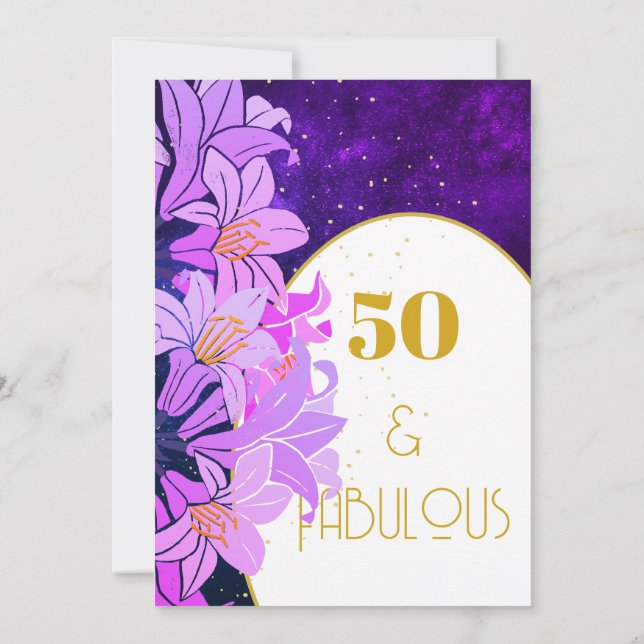 50th Birthday Purple Floral Gold Trendy Invitation (Back)