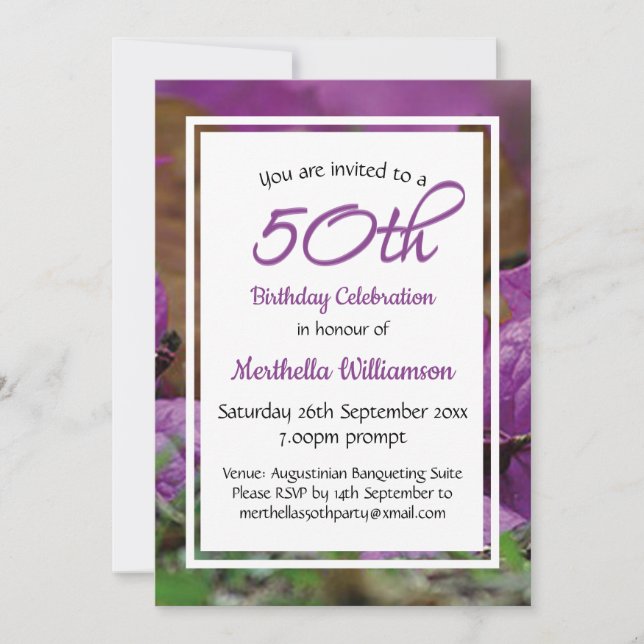 50th Birthday Purple Floral Personalised Invitation (Front)