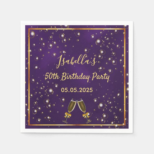 50th birthday purple gold champagne bubbles napkin (Front)