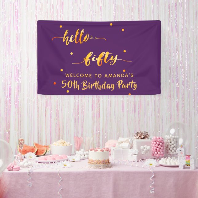50th birthday purple gold hello 50 name script banner (Party)