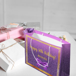 50th birthday purple pink glitter monogram name large gift bag