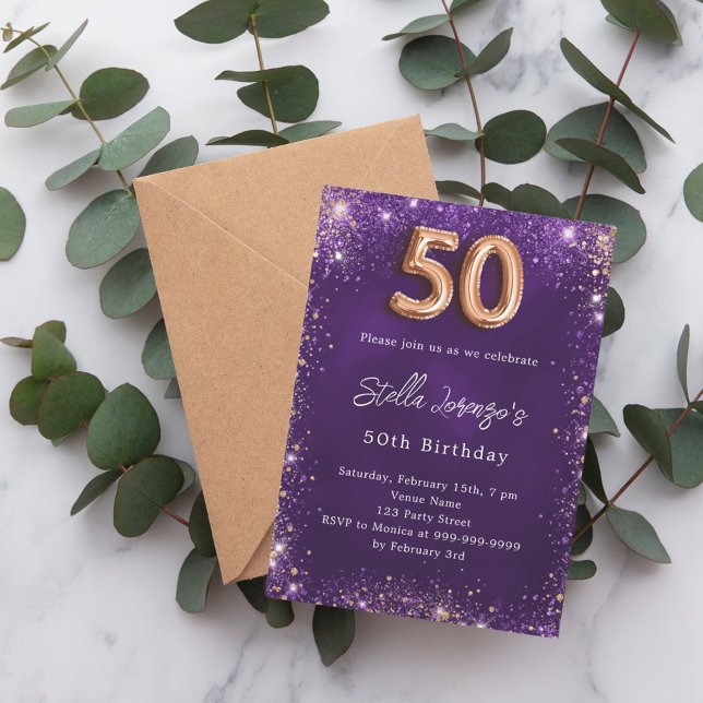 50th Birthday purple rose gold luxury Invitation (Creator Uploaded)