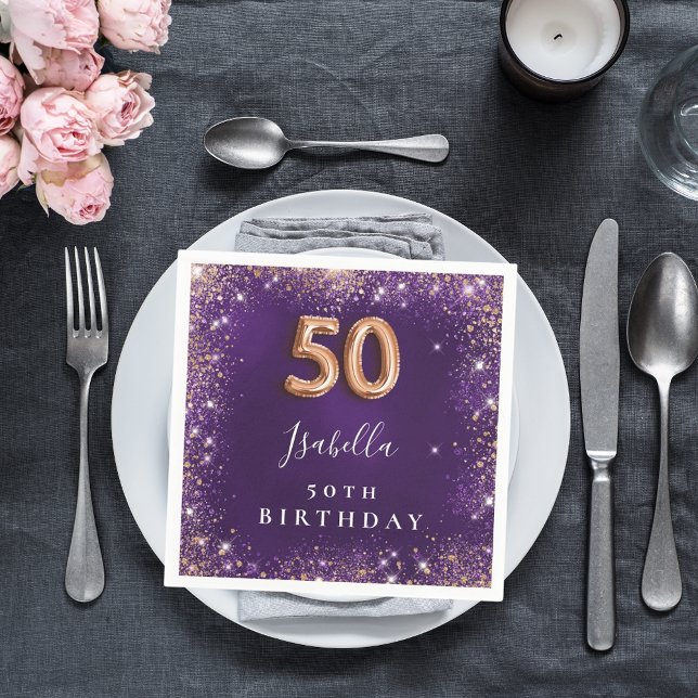 50th birthday purple rose gold sparkles name napkin (Creator Uploaded)