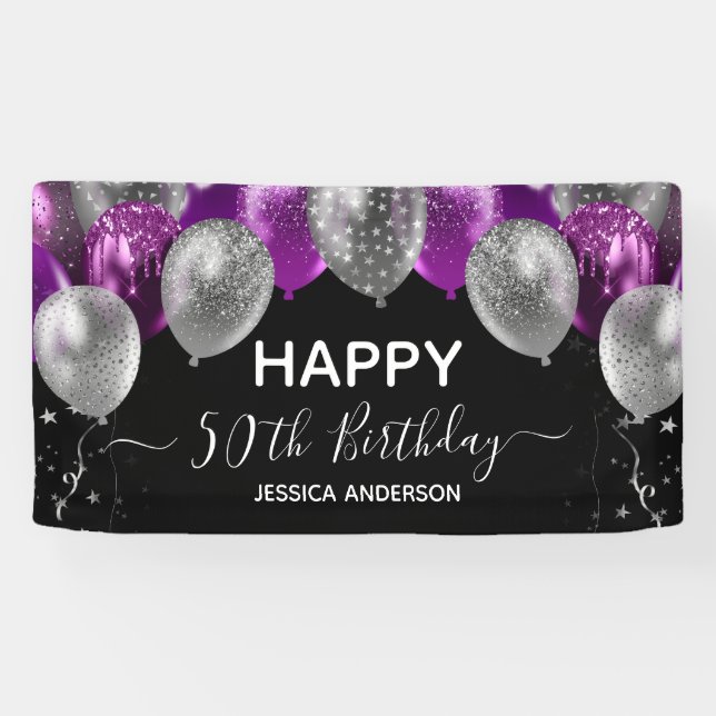 50th Birthday Purple Silver Balloons Banner (Horizontal)