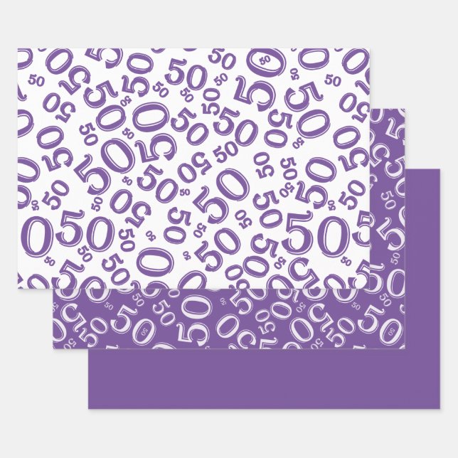 50th Birthday Purple & White Random Number Pattern Wrapping Paper Sheet (Set)