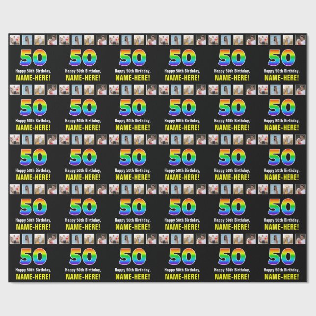 50th Birthday: Rainbow “50“; Custom Photos & Name Wrapping Paper (Flat)
