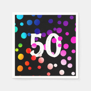 50th Birthday Rainbow Dots on Black  Napkin