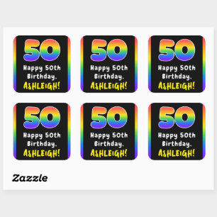 50th Birthday: Rainbow Spectrum # 50, Custom Name Square Sticker