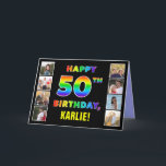 50th Birthday: Rainbow Text, Custom Photos & Name Card<br><div class="desc">The front of this eye-catching and cheerful birthday themed greeting card design features the message “HAPPY 50TH BIRTHDAY, “ with the text having a vibrant multicolored rainbow spectrum inspired gradient pattern, along with a customisable recipient name. The photos to the left and the right of the rainbow-patterned message on the...</div>