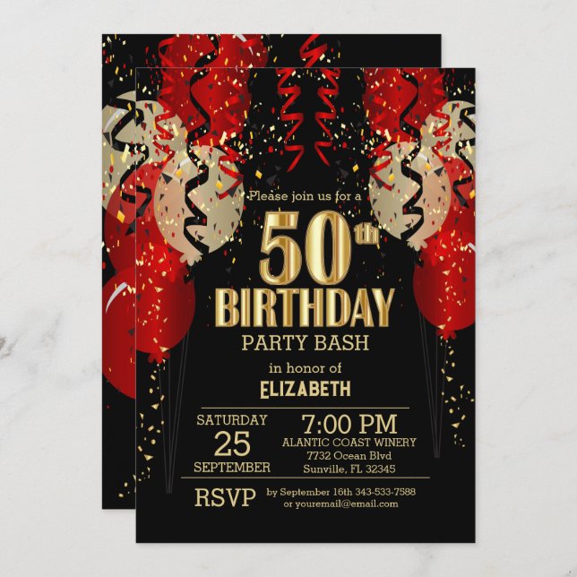 50th Birthday - Red Balloons  Invitation (Front/Back)