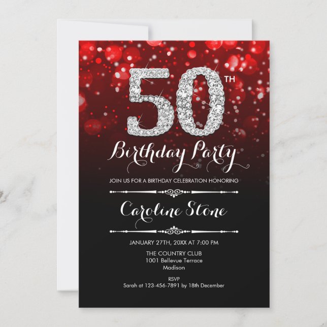 50th Birthday - Red Black Silver Invitation (Front)