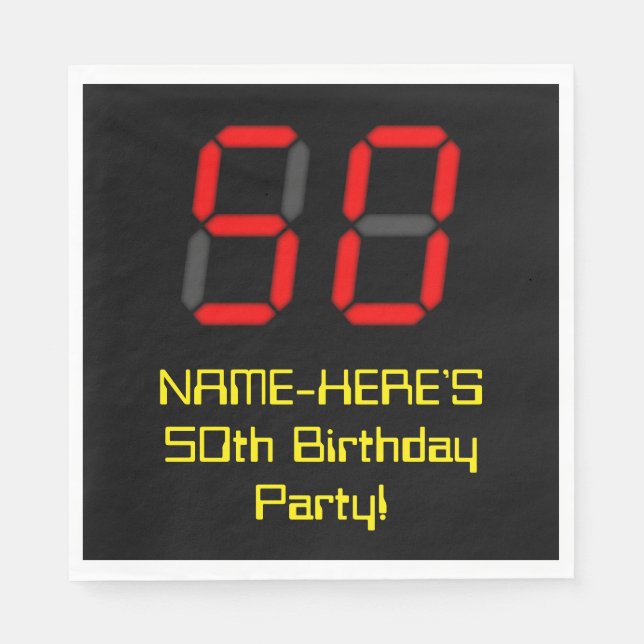 50th Birthday: Red Digital Clock Style "50" + Name Napkin (Front)