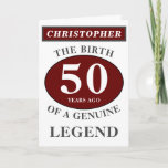 50th Birthday Red Genuine Legend Add Your Name Card<br><div class="desc">Fun 50th "Birth Of A Legend" birthday red, grey and white card. Add the year, change "Legend" to suit your needs. Add the name and a unique message in the card. All easily done using the template provided. You can also change the age to make any age you want eg...</div>