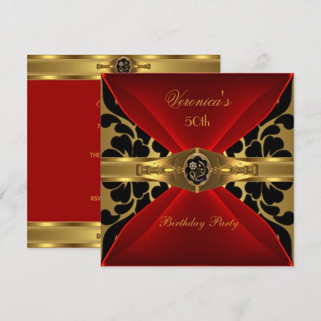 50th Birthday Red Gold Black Damask Floral Jewel Invitation (Front/Back)
