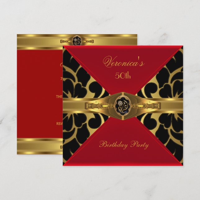 50th Birthday Red Gold Black Damask Floral Jewel Invitation (Front/Back)