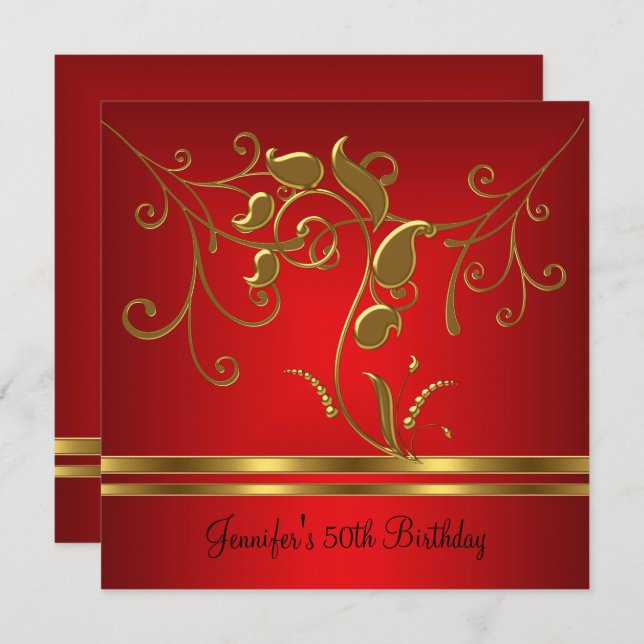 50th Birthday Red Gold Black floral Jewel Invitation (Front/Back)