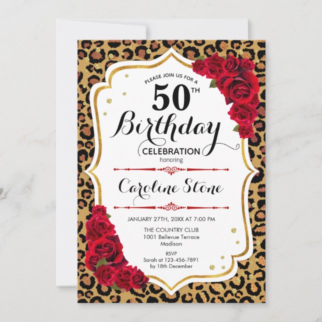 50th Birthday - Red Gold Leopard Print Invitation (Front)