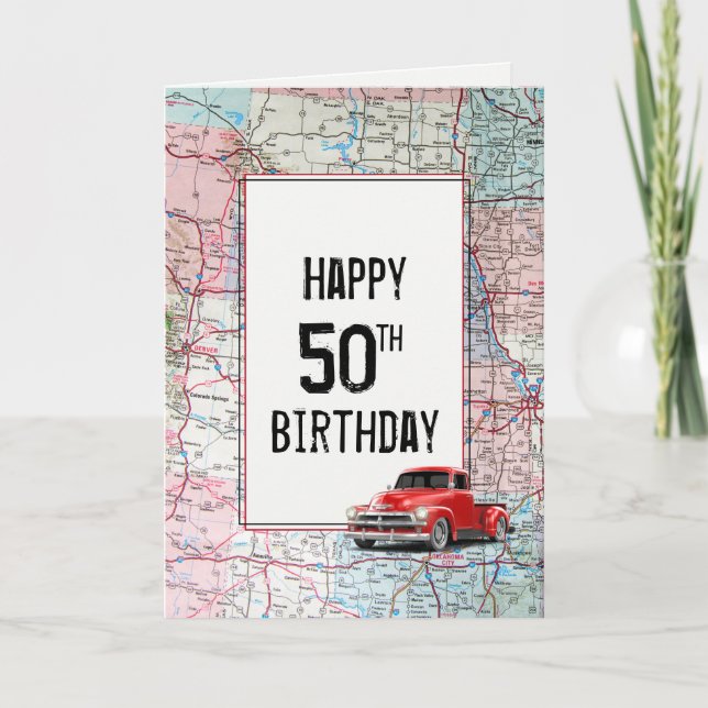 50th Birthday Red Retro Truck on Map   Card (Front)