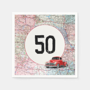 50th Birthday Red Retro Truck on Road Map Napkin