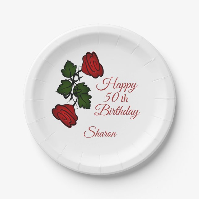 50th Birthday Red Rose Paper Plate (Front)