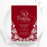 50th Birthday Red Silver Roses Invitation<br><div class="desc">Red silver elegant 50th birthday party invitation. Classy design featuring roses,  faux silver foil and typography script font. Trendy invite card perfect for a stylish female bday celebration. Personalise with your own details. Can be customised to any age. Printed Zazzle invitations or instant download digital printable template.</div>