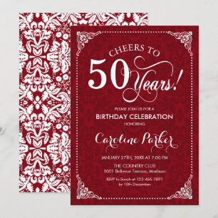 50th Birthday - Red White Damask Invitation