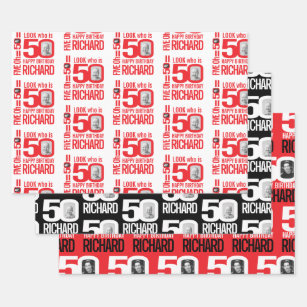 50th birthday red white look 50 custom photo name wrapping paper sheet