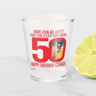 50th birthday red white photo funny shot glass