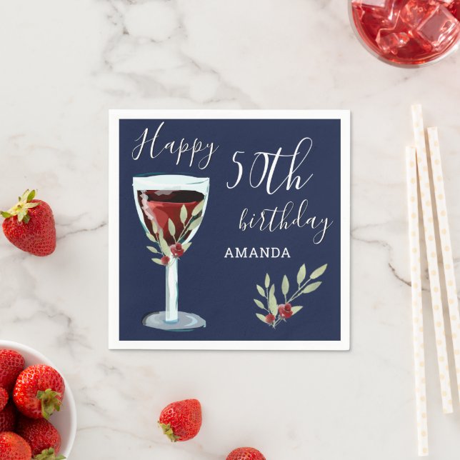 50th Birthday Red Wine Rose Watercolor Navy Blue Napkin (Insitu)