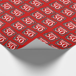 50th Birthday Red with Checked Stars Wrapping Paper