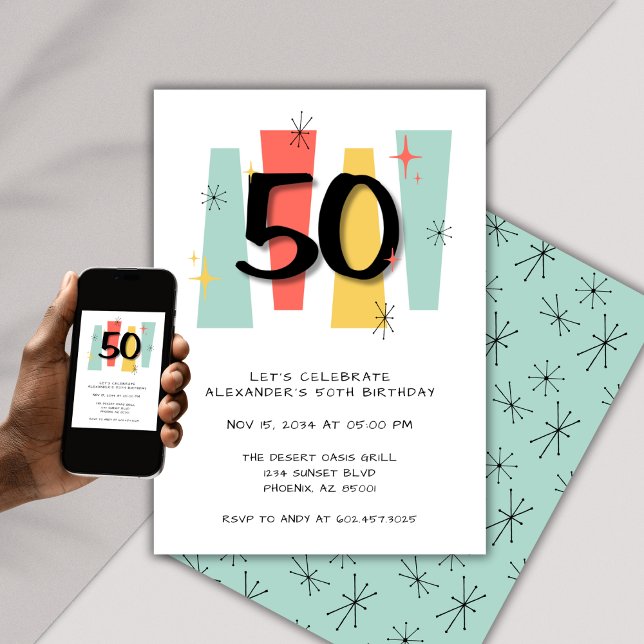 50th Birthday Retro Midcentury Modern Colourful Invitation (Creator Uploaded)
