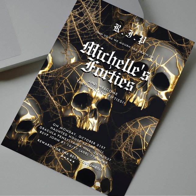 50th Birthday RIP Forties Black Gold Skull Modern  Invitation (50th Birthday RIP Forties Black Gold Skull Modern )
