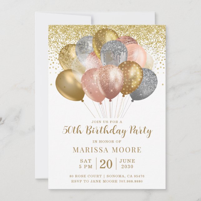 50th Birthday Rose Gold And Gold Glitter Invitation (Front)