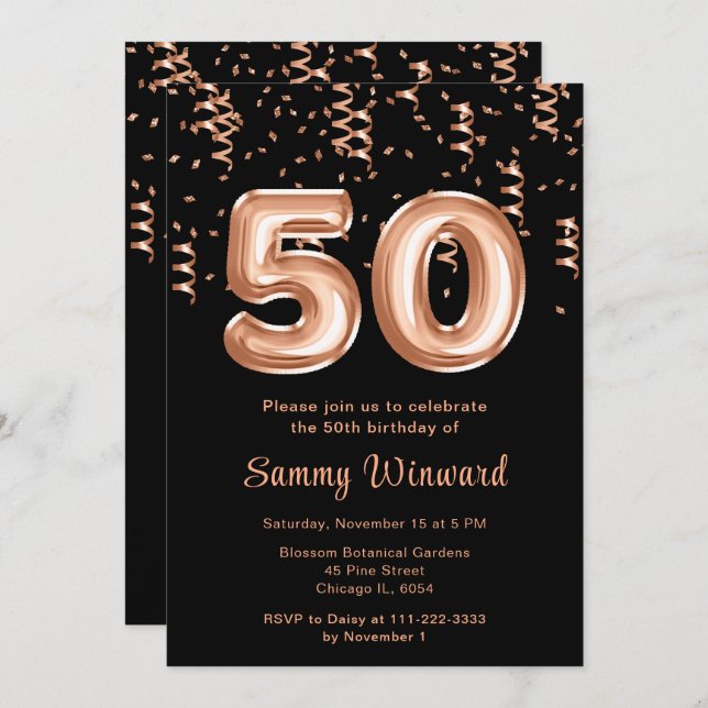 50th Birthday Rose Gold Balloons with Confetti Invitation (Front/Back)