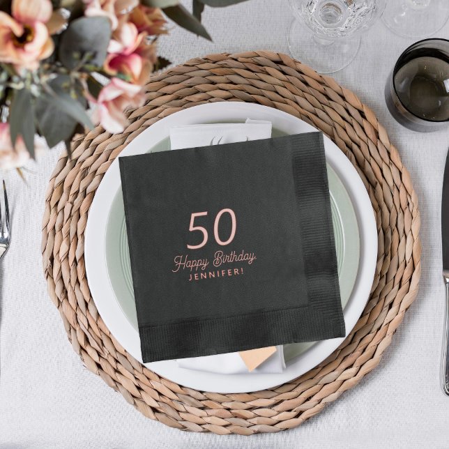 50th Birthday rose gold black name personalised Foil Napkins (Creator Uploaded)