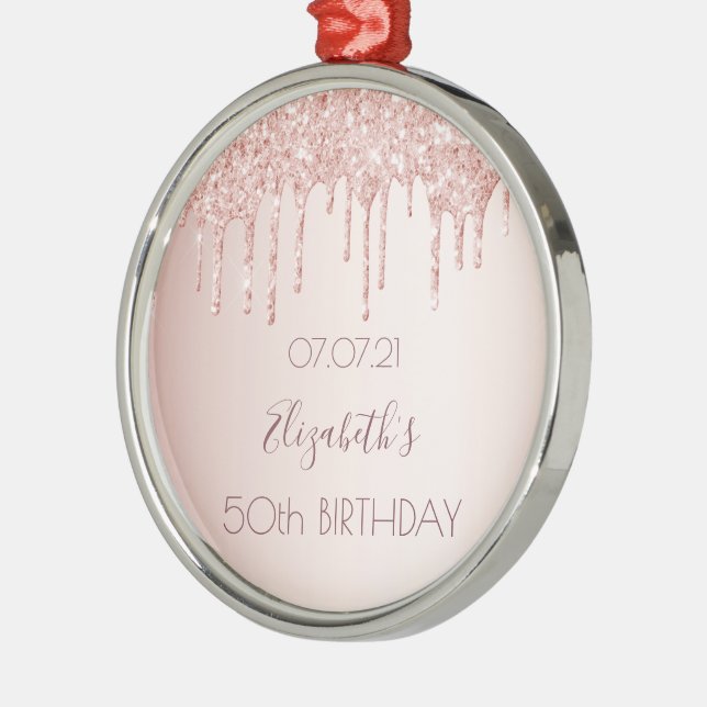 50th birthday rose gold blush glitter drips name metal tree decoration (Left)