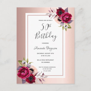 50th birthday rose gold burgundy floral invitation postcard