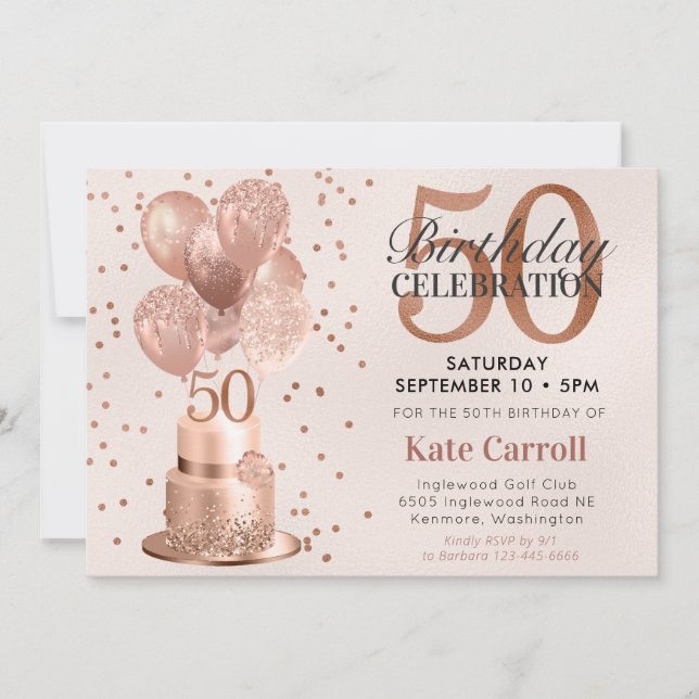 50th Birthday Rose Gold Cake Invitation (Front)