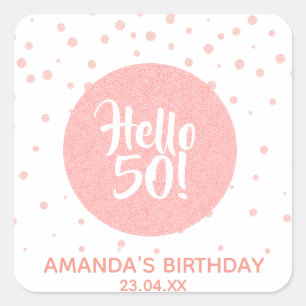50th birthday rose gold confetti on white hello 50 square sticker