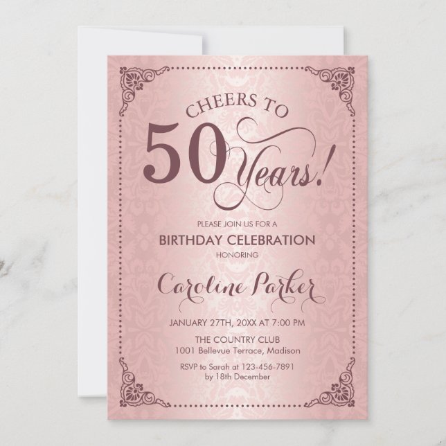 50th Birthday - Rose Gold Damask Invitation (Front)
