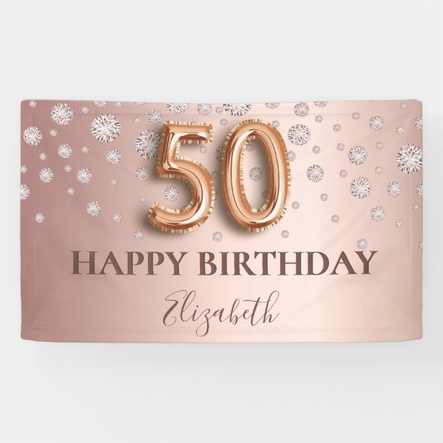 50th birthday rose gold diamonds balloon script banner (Horizontal)