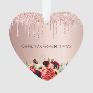 50th birthday rose gold drips pink florals ornament