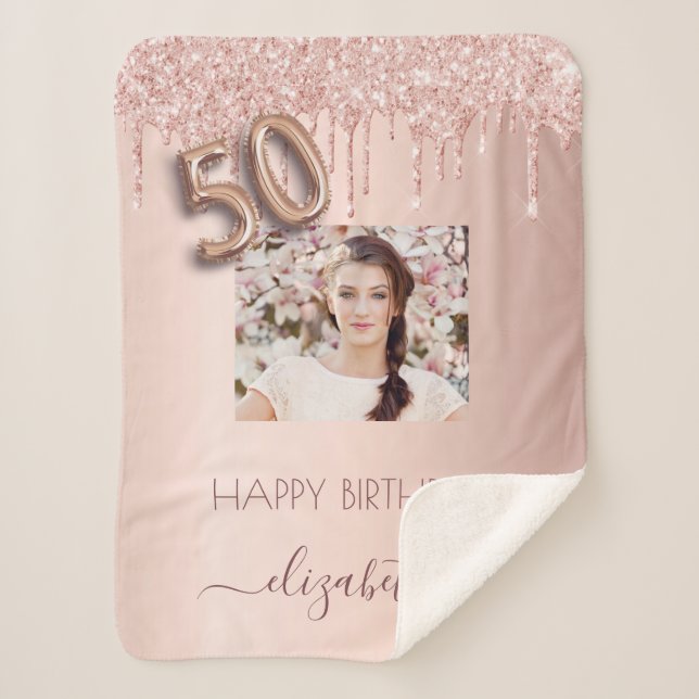 50th birthday rose gold glitter blush name photo sherpa blanket (Front)