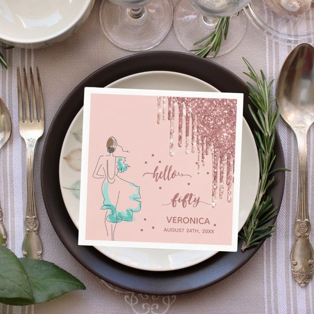 50th birthday rose gold glitter drip hello 50 name napkin (Creator Uploaded)