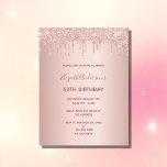 50th birthday rose gold glitter drip invitation postcard<br><div class="desc">A modern, stylish and glamourous invitation for a woman's 50th birthday party. A faux rose gold metallic looking background with an elegant faux rose gold glitter drip, paint drip look. The name is written with a modern dark rose gold coloured hand lettered style script. Templates for your party details. Tip:...</div>