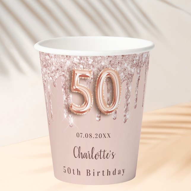 50th birthday rose gold glitter drips monogram paper cups (Creator Uploaded)