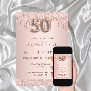 50th birthday rose gold glitter drips pink glam invitation