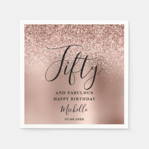 50th Birthday Rose Gold Glitter Fifty And Fab Name Napkin